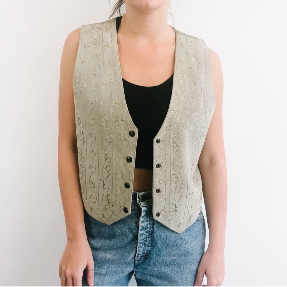 Vintage Tan Embroidered Leather Vest | Womens Medium | Button Front Western Boho
